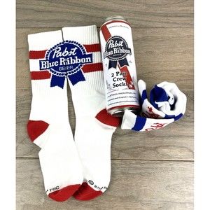 2 PAIRS PABST BLUE RIBBON BEER MEN'S CREW SOCKS IN A CAN, SZ 8-12